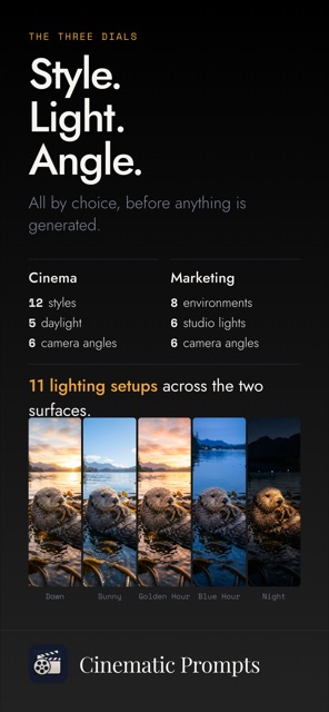 The three dials: style, light and camera angle
