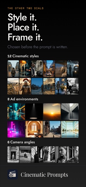 Style it, place it, frame it — 12 styles, 8 ad environments, 6 camera angles