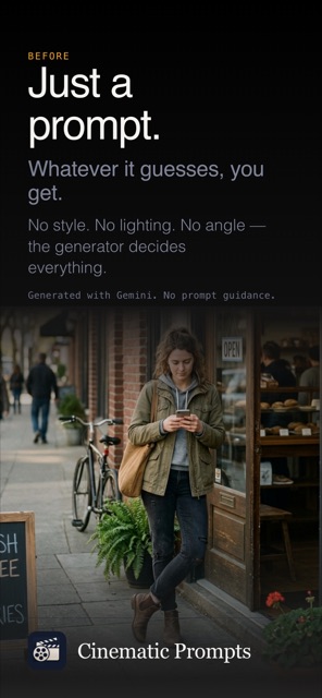 Before: a bare prompt, with the generator deciding style, lighting and angle