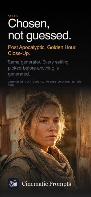After: Post Apocalyptic, Golden Hour, Close-Up — every setting chosen in the app